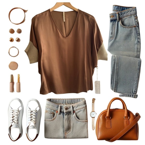 Drop Shoulder silky Copper Brown V-Neck Top/Blouse, NWT - Picture 6 of 13